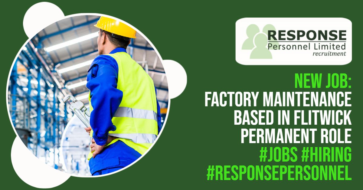 ResponseJobs's tweet photo. New Job:
Factory Maintenance
Based in Flitwick
Permanent Role
Salary Dependant on Experience
Email CV to aimee@responsepersonnel.co.uk to apply!
Ref: 0000000561
#jobs #hiring #responsepersonnel https://t.co/og5fFZv1Uy