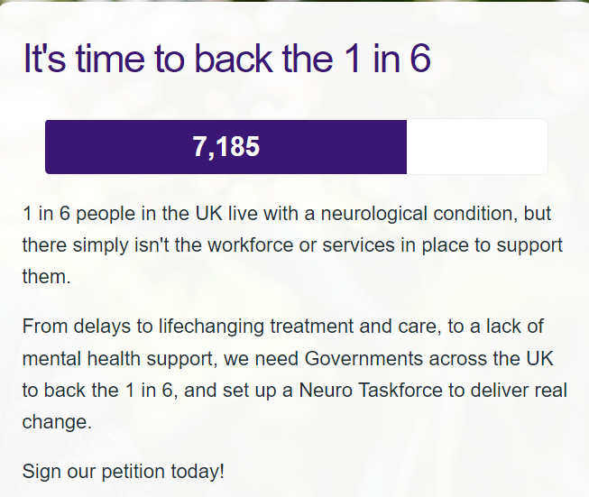 NeuroAlliance's tweet image. Thank you to everyone who has signed our petition to #BackThe1in6 and improve services for people with neurological conditions so far – 7,185 signatures and counting. Add your voice to our call for UK-wide change. Sign the petition now tinyurl.com/BackThe1in6