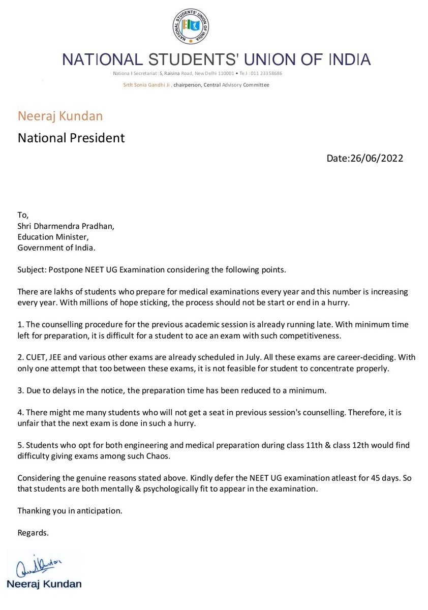 neetaspirant000's tweet photo. NSUI National President @Neerajkundan ji wrote a letter to Education minister Shri @dpradhanbjp ji regarding NEET UG Postponement. All centralised exam at the same time with no gap is injustice with students. @DG_NTA should consider students' request
#MODIJiextendNEETUG
@PMOIndia https://t.co/beFv7J9EhP