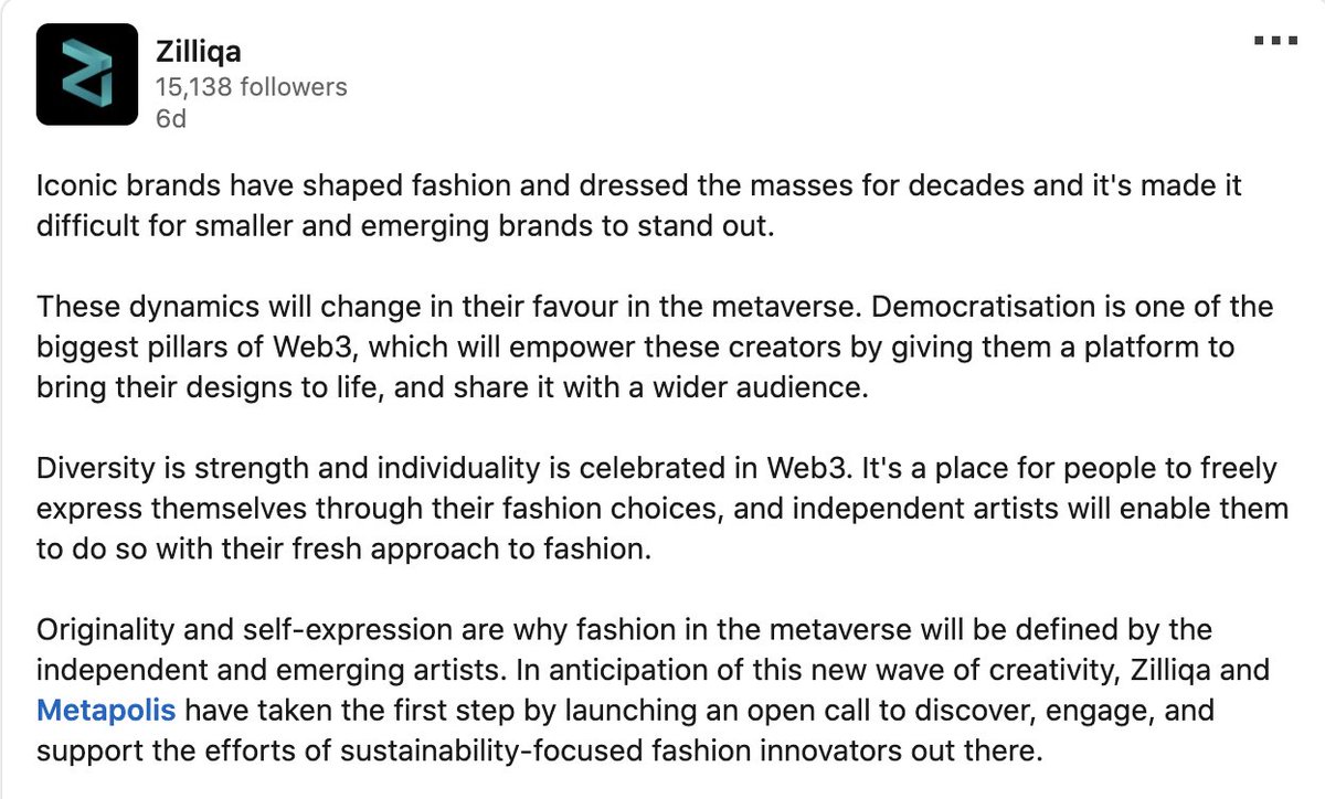 zilliqa's tweet photo. Here's why the future of fashion lies in the metaverse, and the hands of independent artists.

Zilliqa welcomes this new era of creativity and sustainability-focused design, and we want to work with YOU!

Apply here!⬇️
https://t.co/vNk89fGFta https://t.co/TZ3BODaToo