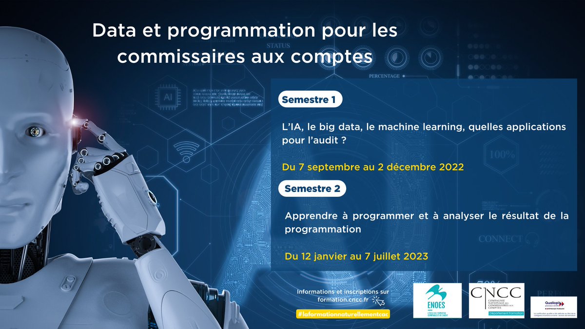 Data et programmation pour les #CAC : mettez l’intelligence artificielle à votre service ! Découvrez cette #formation <a href="/CNCCFormation/">CNCC Formation</a> innovante et certifiante, réalisée en partenariat avec @ENOES_compta
➡️ bit.ly/3js8uiA 
#laformationnaturellementCAC #IA #Data <a href="/CNCC_audit/">CNCC</a>