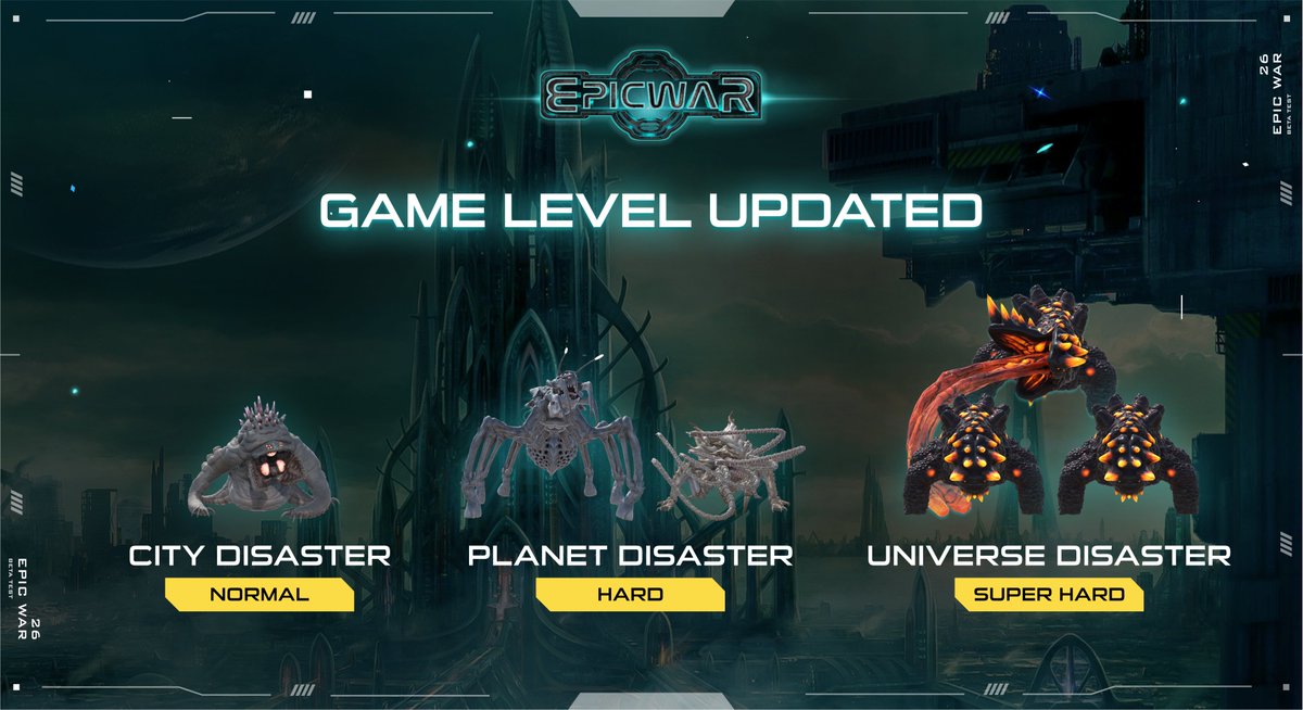 Beta Testnet phase 2 has been updated with:
👉City Disaster (Normal)/team of 3
👉Planet Disaster (Hard)/team of 5
👉Universe Disaster (Superhard)/team of 8

This feature increases the challenge and teamwork of the game, stimulating the user's experience.
#EpicWar #F2P2E #Epiceros