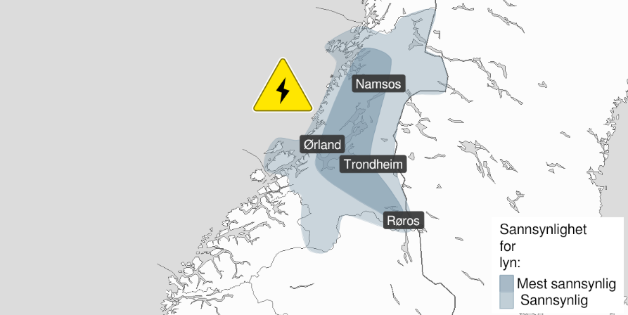 Meteorologene's tweet photo. Vi har sendt ut farevarsel om mykje lyn i Trøndelag ⚠️ 
Frå måndag ettermiddag til kveld er det venta mykje lyn ⚡ Det kan vere store lokale variasjonar 🌩️ Hald deg oppdatert på 👇   
☁️ https://t.co/oWUswUKlUj
☁️ https://t.co/9XrK7Q65LM https://t.co/cZTp1SOsk6