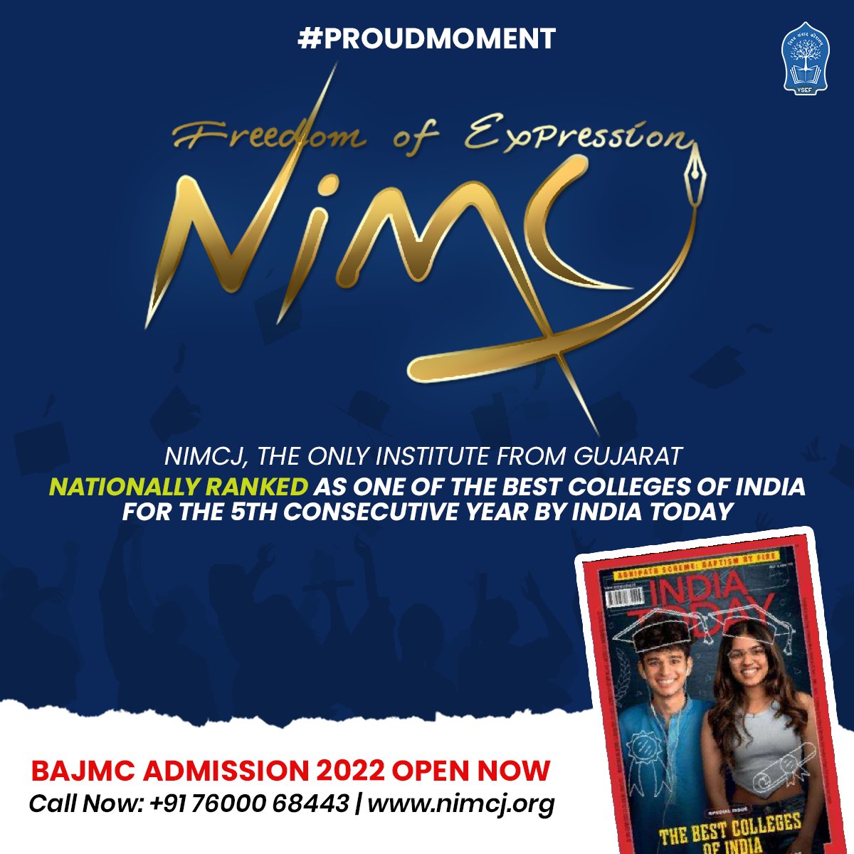 NimcjOfficial's tweet photo. We are beyond honored and proud to share that #NIMCJ has #rankednationally and has been awarded as one of the #bestcolleges of India by #IndiaToday for the 5th time in a row. It is also #Gujarat's only #MassCommunication Institute to win this award. https://t.co/jibzxpCsUK