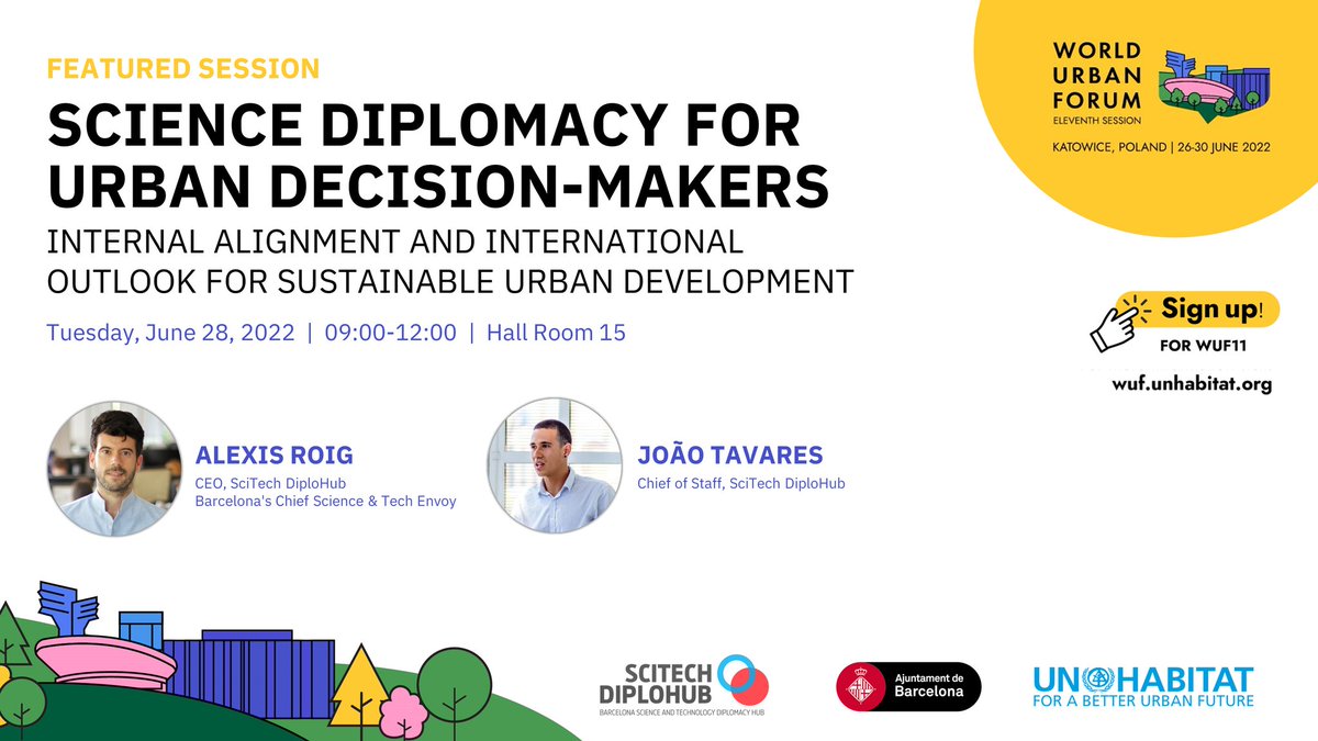 Interested in how cities leverage their Science, Tech &amp; Innovation ecosystems for #CityDiplomacy &amp; #SDGs?

Join us at the #WUF11 &amp; learn from #Barcelona's pioneering experience!

🇺🇳 "#ScienceDiplomacy for Urban Decision-Makers"
🗓️ 28 June, 9AM
🎙️ With <a href="/alexisroig/">Alexis Roig</a> &amp; <a href="/JoaoPauloTCF/">João Paulo Freitas</a>