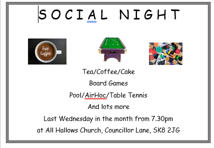 AHChurchCheadle's tweet photo. Two lovely activities for you to come to on Wednesday - bacon butties, lunch and cake at the cafe between 9-2 and then a game of pool, cards or similar with more cake.  We open the doors at 7.30 for our Social night https://t.co/y2hqzjKbQk