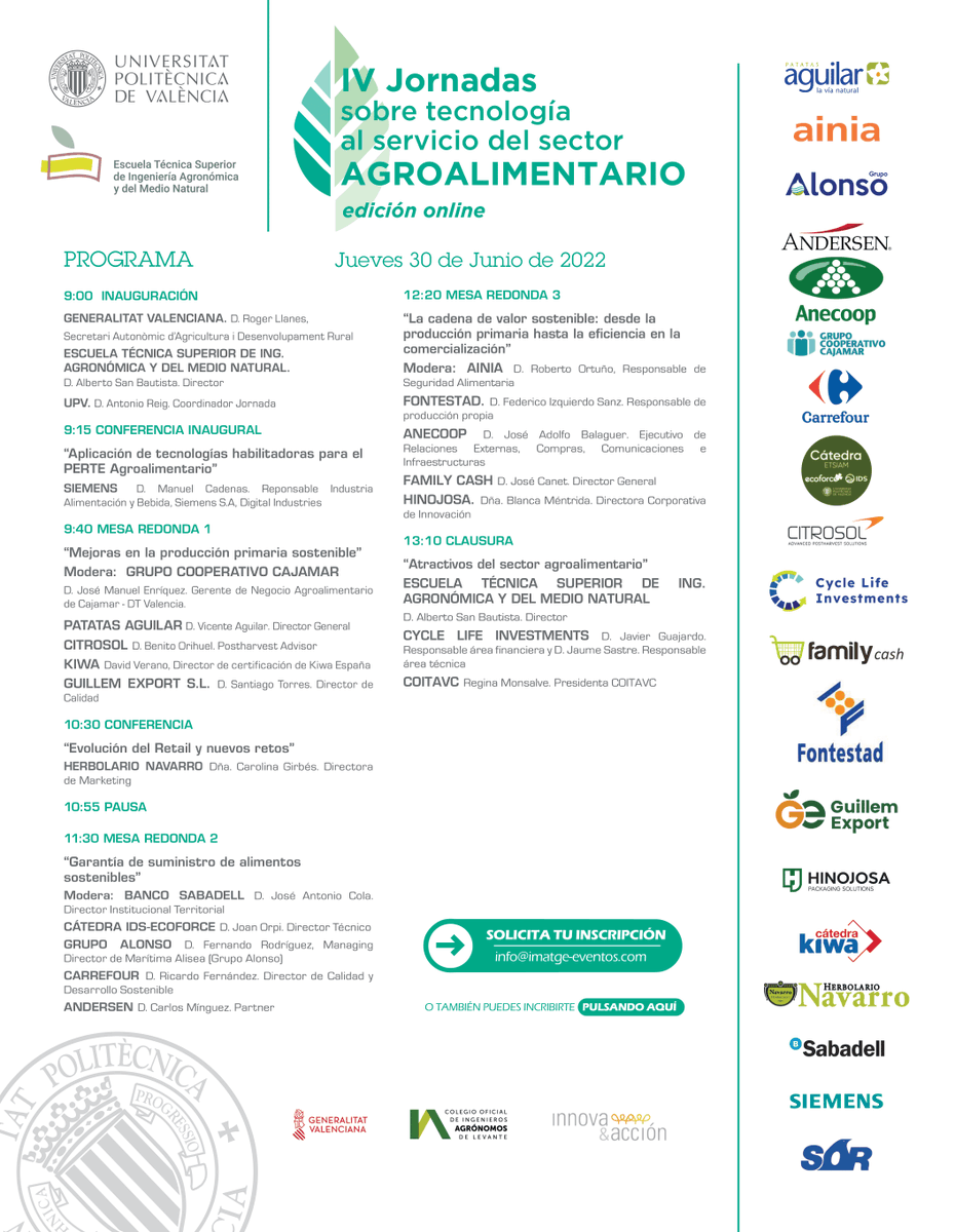 📣 IV Jornada sobre tecnología al servicio del sector agroalimentario organizada por <a href="/UPV/">Universitat Politècnica de València</a>

📅 30 de junio 
🕘 9:00-14:00h

Si quieres descubrir nuevas oportunidades de negocio y conocer las últimas tendencias en la industria, inscríbete aquí ✍ cfp.upv.es/formacion-perm…