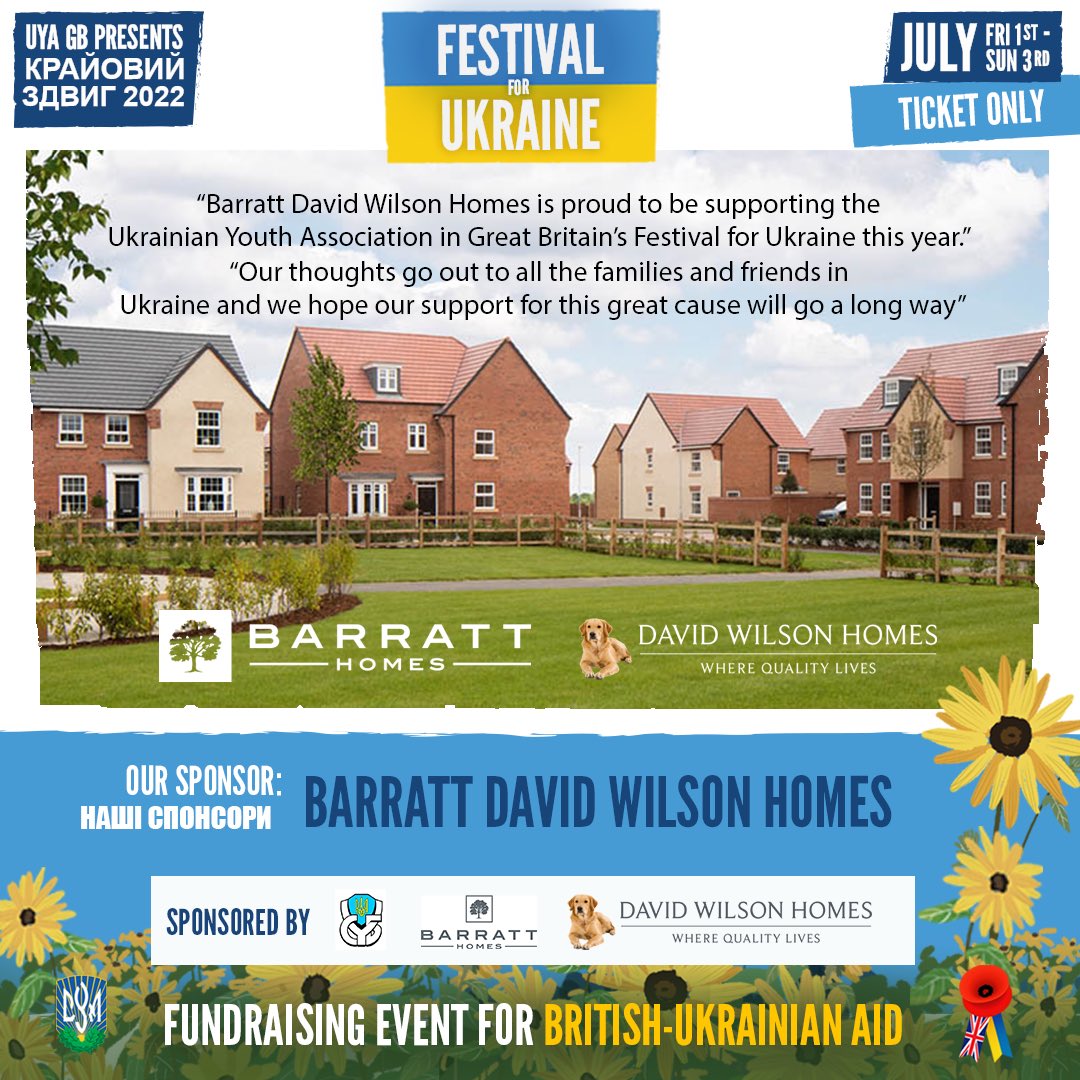 CYMGreatBritain's tweet photo. 🇬🇧We are delighted to announce that @BarrattHomes @DavidWilsonHome Homes are a sponsor for Krayovyi Zdvyh - Festival for Ukraine. Barratt David Wilson Homes are the UK’s largest house builder creating high quality homes and sustainable places. https://t.co/KegWZviBlP