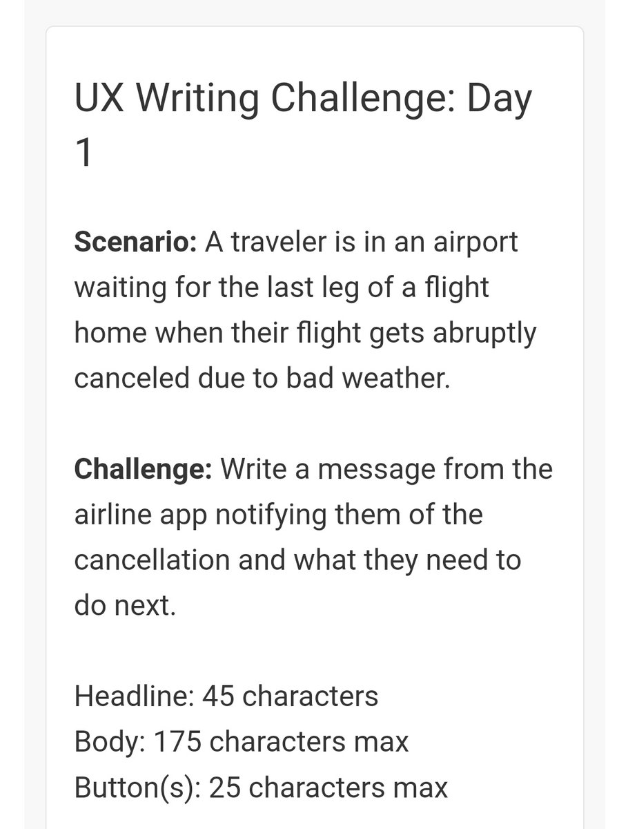 bbagusbudii's tweet photo. 📝 UX Writing Challenge: Day 1 — Flight Cancelled.

Medium link: https://t.co/vKEP4rO76o

#dailyuxwritingchallenge #uxwriting #uxwriter https://t.co/LQDj9rve1n