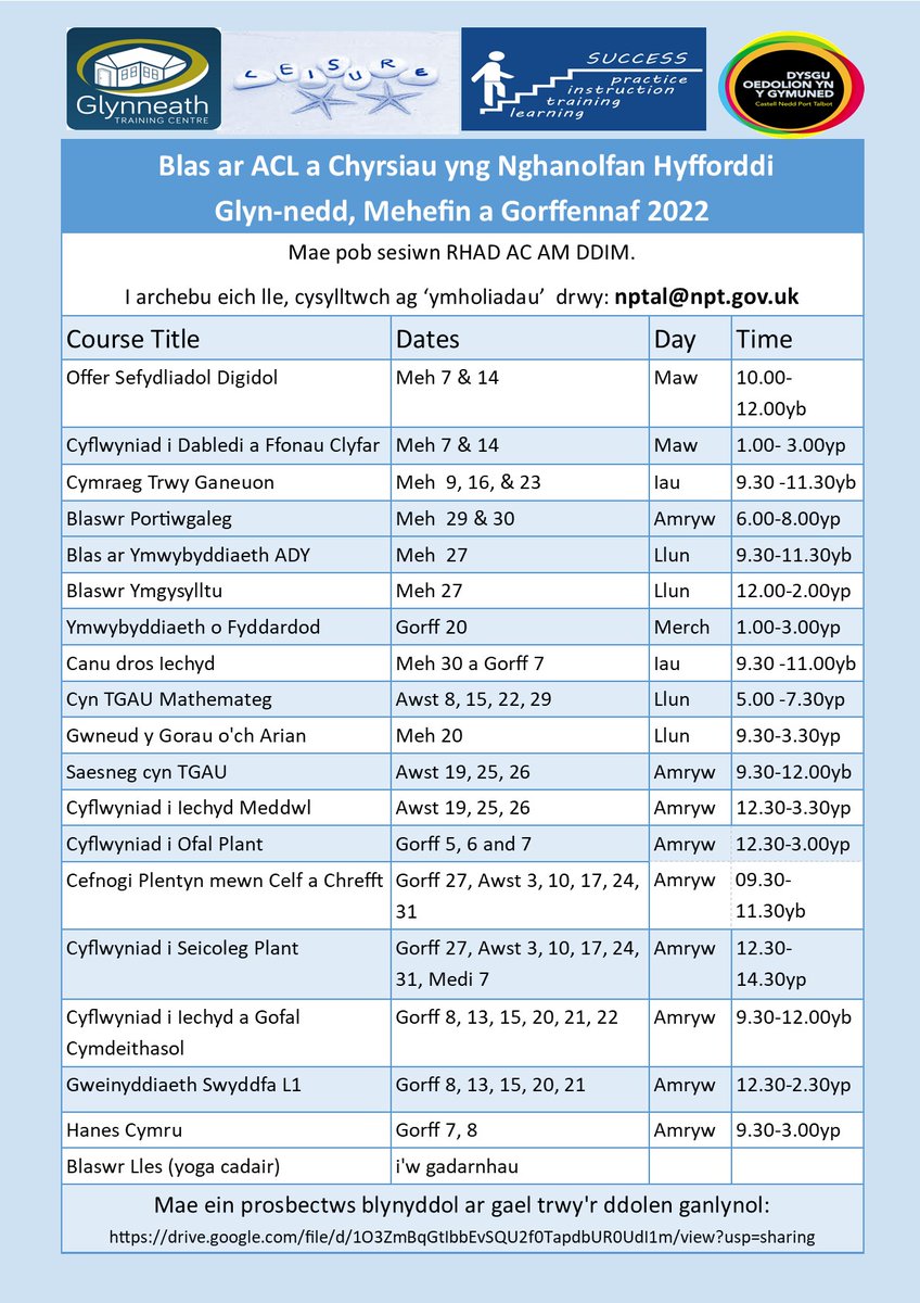 Lots of great courses happening at <a href="/GlynneathTC/">Glynneath TC</a> Why not pop into the centre today and visit Jo Griffin who is running an Engagement drop in until 2.30pm.