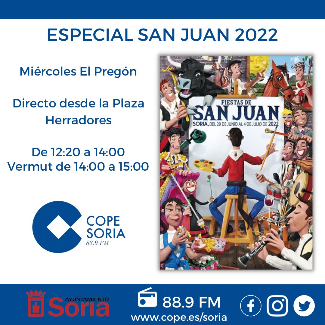 🔴Miércoles El Pregón. Desde las 12:20  hasta las 14:00, programa en Directo desde la Plaza de Herradores. 

🔷De 14:00 a 15:00 ponemos música al vermut a cargo de <a href="/maudiovisuales/">M-Audiovisuales</a> 

✅Vive la radio en directo con todos los protagonistas de las fiestas de San Juan. <a href="/Ayto_Soria/">Ayuntamiento de Soria</a>