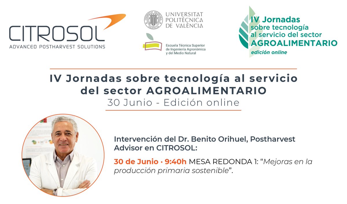 ⭐ IV JORNADAS sobre tecnología al servicio del sector AGROALIMENTARIO - 30 Junio
🔬 Dr. <a href="/B_Orihuel/">Benito Orihuel</a> participará en la MESA REDONDA 1.

+info, programa e inscripciones: upv.es/jornada  

Sigue la jornada de forma gratuita en: upv.es/endirecto/CPI