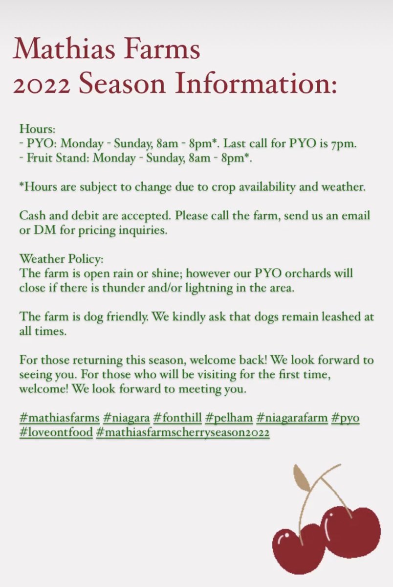 MathiasFarms1's tweet photo. The farm officially opens today for our 2022 season. Thanks to everyone who came out over the weekend for our soft opening! 

#mathiasfarms #niagara #fonthill #pelham #niagarafarm #pyo #loveontfood #mathiasfarmscherryseason2022 https://t.co/eyqsGvuhyE