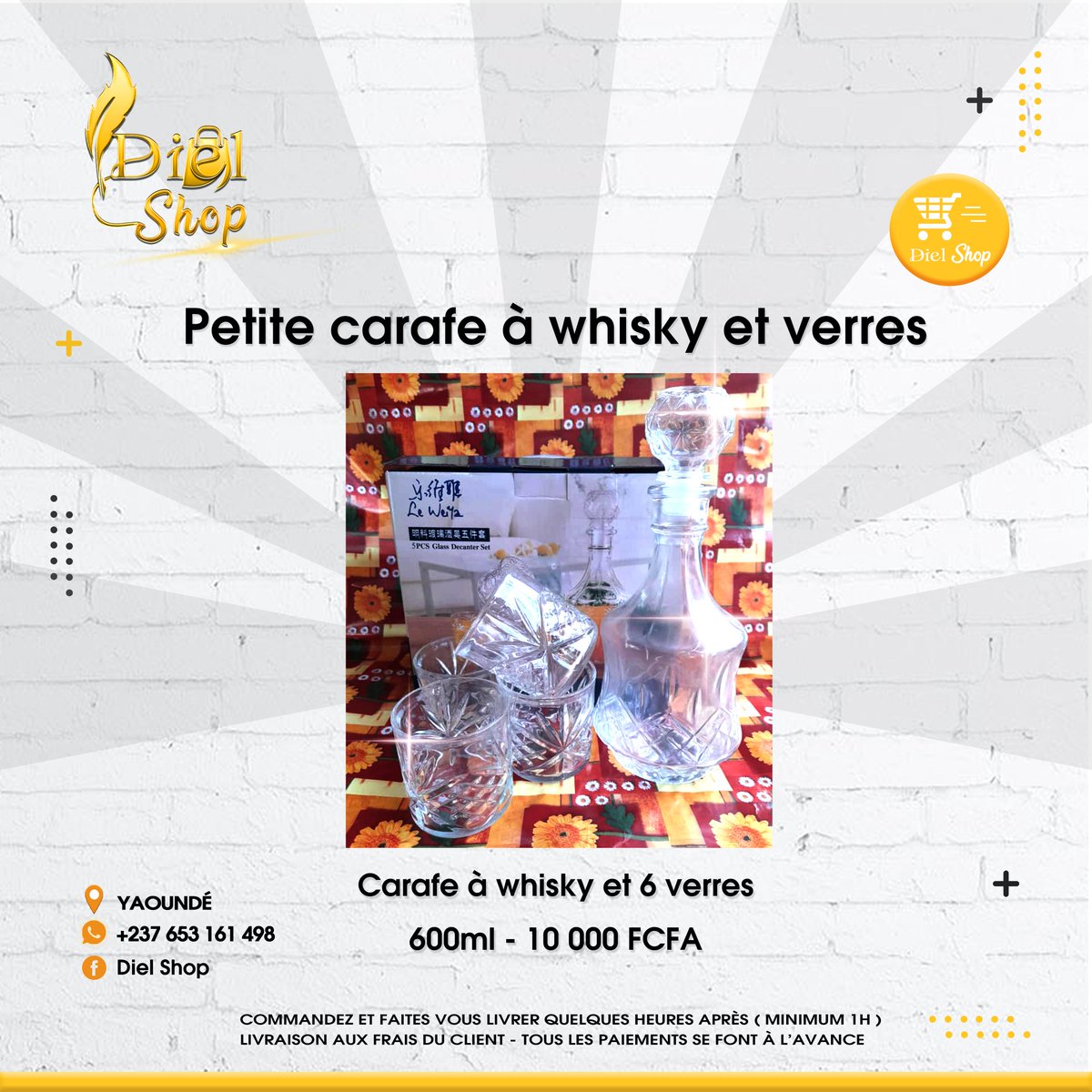 diel_shop's tweet photo. Carafe à whisky et 6 verres. 

Livraison minimum 1h30 après avoir commandé
Livraison aux frais du client

Commandez dès maintenant et faites vous assistez via le lien WhatsApp ci-dessous : 👇🏾

https://t.co/bYDG1UqMQl

#diel_shop https://t.co/rFnSSFjmOf