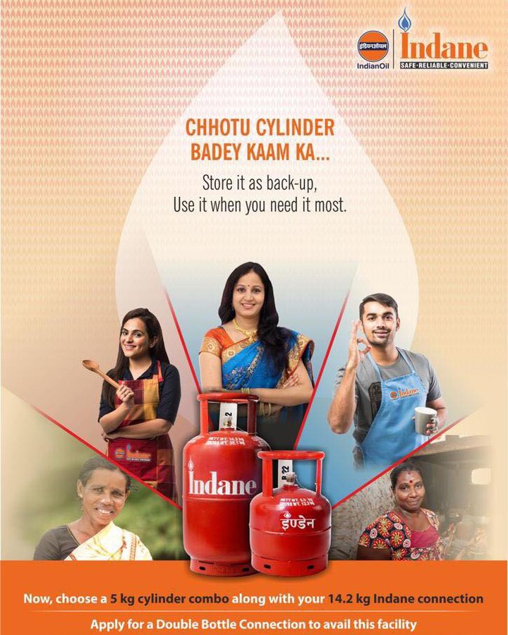 The compact, 5 kg chhotu cylinder is the perfect solution when your bigger cylinder runs out. Thanks to Indane's Combo Double Bottle Connection, you can now avail a cylinder of your choosing to keep as a backup!