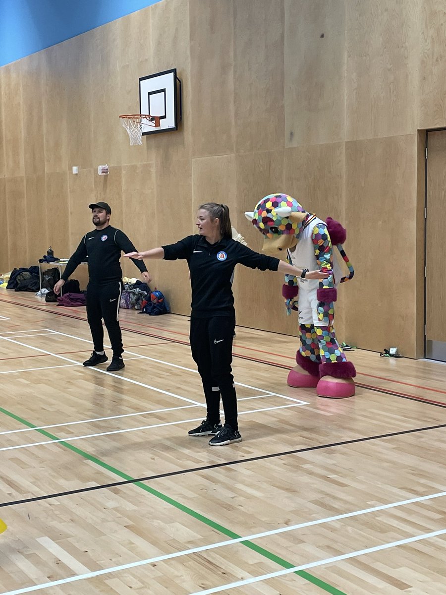 Nonsuch_School's tweet photo. Jodie leading our warm up with @birminghamcg22 mascot Perry the Bull https://t.co/O06dPZtcsI
