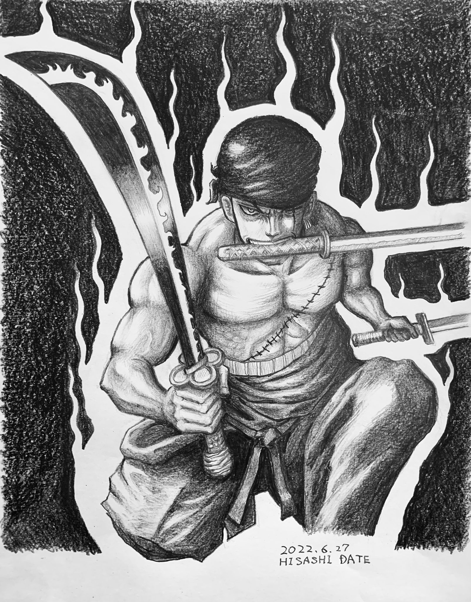 伊達喜旨 One Pieceのゾロを鉛筆で描いた ワノ国編で閻魔を入手し 強者キングも撃破 7月からの最終章で閻魔を自在に操れる様になって黒刀 にしてから 最後は世界最強の剣士ミホークと闘うのか それとも ワンピース ゾロ ロロノア ゾロ イラスト