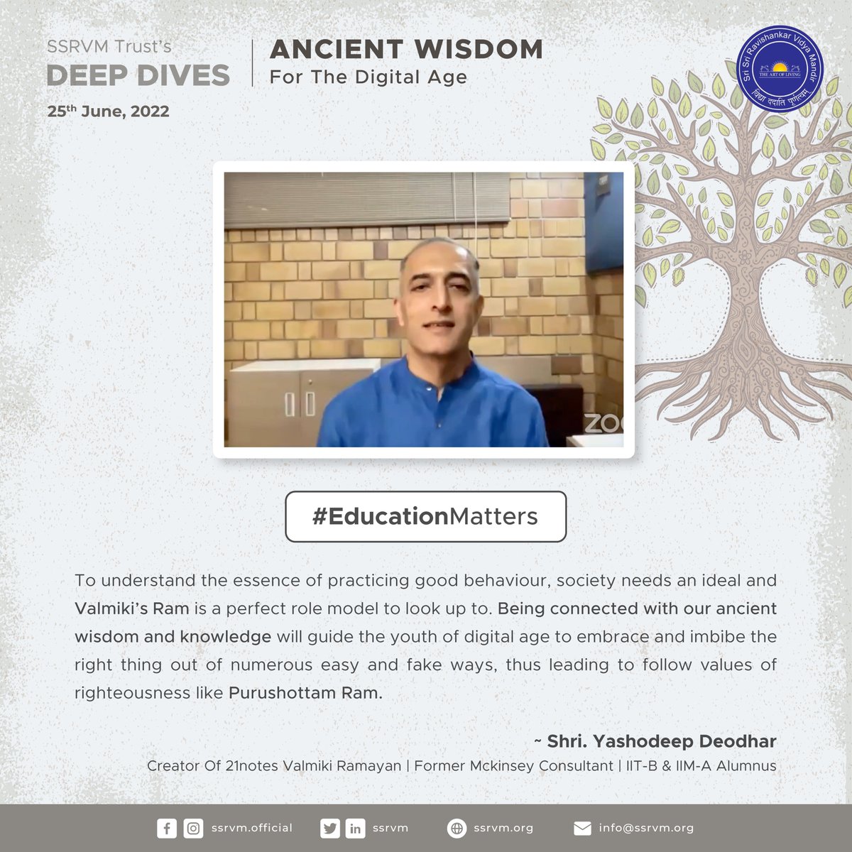 ssrvm's tweet photo. Shri. Yashodeep Deodhar shared some valuable insights at the SSRVM Trust Deep Dives on the topic - ‘Ancient Wisdom for Digital Age'.
Watch full video on : https://t.co/TWSJJrIeIo
#EducationMatters #SSRVMDeepDives #Ancient #wisdom #education https://t.co/3sJyTFrCZ8