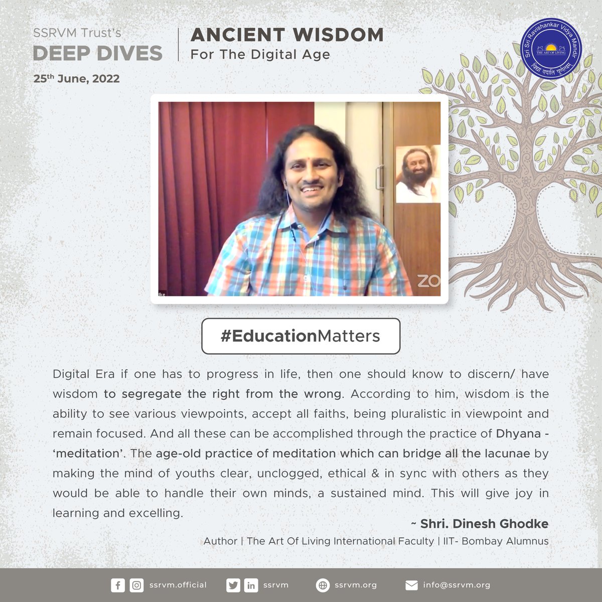 ssrvm's tweet photo. Shri. Dinesh Ghodke @DineshGhodke shared some valuable insights at the SSRVM Trust Deep Dives on the topic - ‘Ancient Wisdom for Digital Age'.
Watch full video on : https://t.co/TWSJJrIeIo
#EducationMatters #SSRVMDeepDives #Ancient #wisdom #education #digital https://t.co/z0jLxb1aFZ
