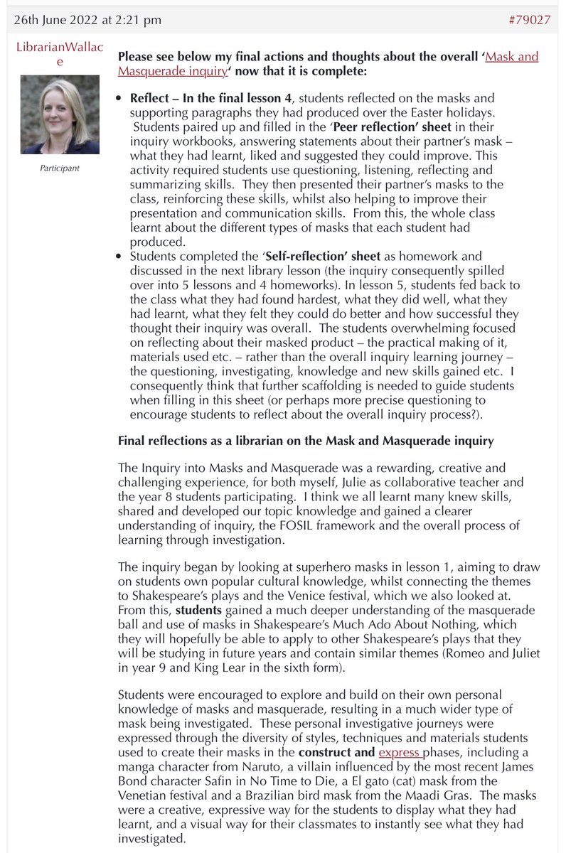 TheFosilGroup's tweet photo. Excellent update to/ reflection on *Year 8 English #FOSILinquiry into Masquerade* <https://t.co/YCDXAzx7MN>. Thank you @libraryWallace & @EPQguru, & huge congratulations to your Year 8 students. https://t.co/9w8EIxZxFn