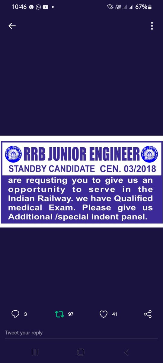 Shubha091's tweet photo. #WE_WANT_RRB_SSENEW_JEWAITING CLEAR 
Engineers are waiting for this recruitment.
RRB JE &amp; SSE Vacancy in India Railway.
@IesJaspalsingh 
@PMOIndia 
@RailMinIndia 
#WE_WANT_RRB_JE_SSE https://t.co/nTyFky2SuF
