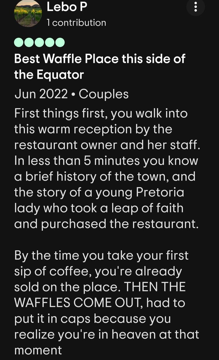 LielaMagnus's tweet photo. #grateful #Thankful and #humbled by this great review of my #restaurant. 
#waffle #wafflehouse #wafflerestaurant #wafel #wafelhuis #damngoodcoffee #goodfood #wonderlikewafels #wonderfulwaffles #rosendal #loverosendal #ruralliving #PretoriaPoppieOppiePlatteland https://t.co/lDEgPe15da