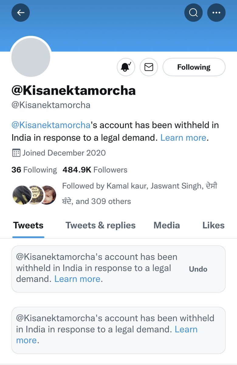 Official Twitter handle of SKM & #FarmersProtest - @Kisanektamorcha has been banned in India. 

No exact explanation. And all this is happening when we are marking the 47th anniversary of Emergency in India.

#RestoreKisanEktaMorcha 
#ReStoreTractor2Twiter 
#FarmersProtest