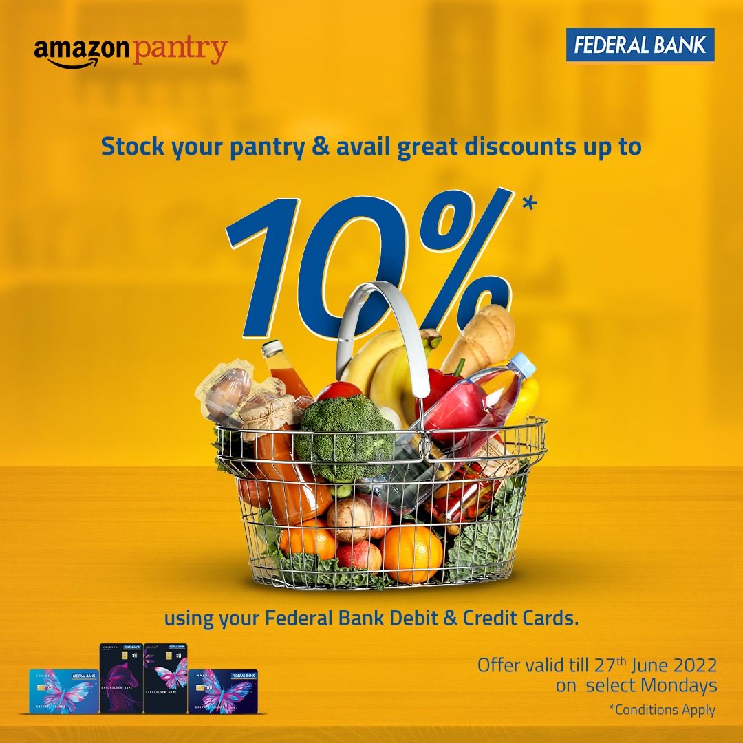 FederalBankLtd's tweet photo. Shop on Amazon pantry and get 10% discount on using your Federal Bank Debit/ Credit Cards.
#AmazonPantry #GroceryShopping #discounts #offer #Monday
@amazonIN
@amazon https://t.co/wQxiK2cnKg
