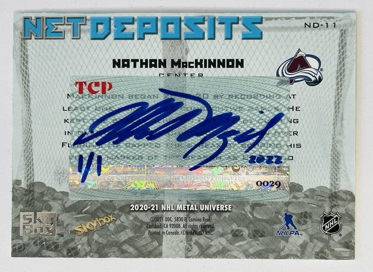 Congratulations to the Colorado Avalanche! Stanley Cup champions!!

Title:  Avalanche Warning  
Medium: Oil paint on 2020-2021 Skybox Metal Universe Net Deposits card # ND-11 

TCP Serial Number# 0029
#StanleyCup #NHL #nathanmackinnon #ColoradoAvalanche #thecurrencyproject
