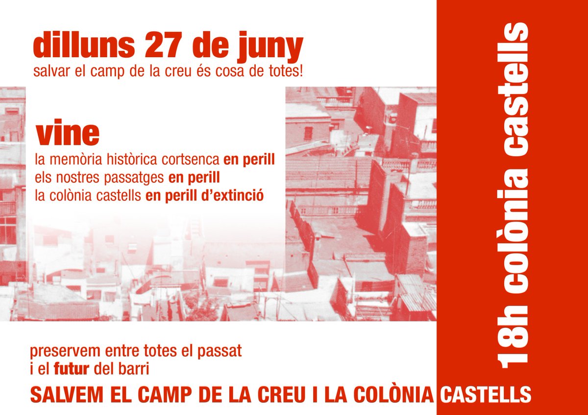somcampdelacreu's tweet photo. Avui entren les màquines al parc de la #ColòniaCastells per esborrar la memòria obrera de #lesCorts. 
Aquesta tarda respondrem a @bcn_ajuntament i als seus responsables @janetsanz i @joan_r_riera.

📍Us esperem al Parc Colònia Castells, 18h.

#SalvemelCampdelaCreu https://t.co/dbEzYGDyFD