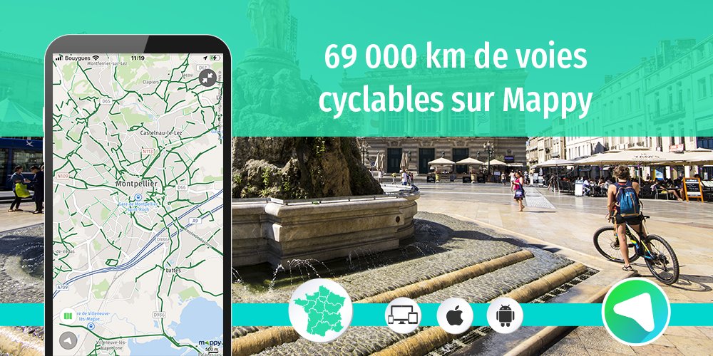 Mappy's tweet photo. Chaque mois, ce sont des milliers de kilomètres de pistes cyclables qui sont ajoutés sur Mappy ! A Montpellier, 237 km de voies cyclables permettent aux cyclistes de rouler en toute sécurité 🚲 #velo #Montpellier https://t.co/ehQ3kmBIEO https://t.co/ZHE1xU9mqt