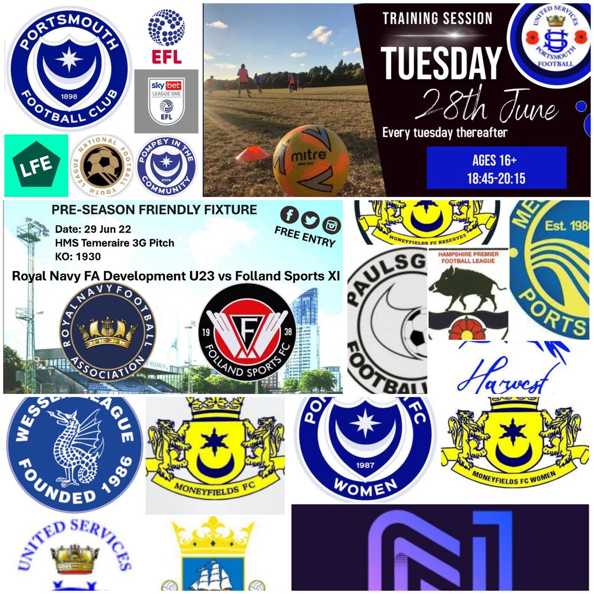 Pompey_Football's tweet photo. โฝ๏ธ This Week โฝ๏ธ
.. not long now ๐
Mon: #quietday
Tue: @USWomenFC are training
Wed: @NavyFootball1 #DevU23s host @FollandSportsFC XI in #friendly 19.30 at #HMST + @MeonMilton_U18 train.
Thu: #PreSeasonUpdate + #moretraining
Fri: #getready for 22/23 ๐
Have a great week ๐ https://t.co/7Hm1CpKHCS