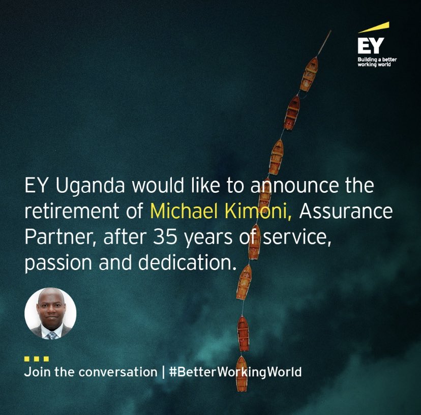 SandraBatte2's tweet photo. EY Uganda takes this opportunity to announce the retirement of Michael Kimoni who has contributed 35 years of service. He joined EY in Kenya in 1987 as an Audit Associate and was admitted to partnership in 2007. He joined the Uganda office in 2011. https://t.co/pCKSKGDqXz