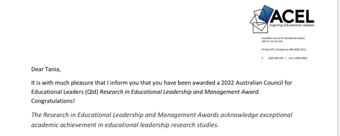 Very humbled to have won this prestigious ACEL QLD award! A huge thanks to my supervisor who nominated me and my family who always supports me. <a href="/AcelQueensland/">ACELQ</a> <a href="/usqedu/">usqedu</a> <a href="/LynSharratt/">Lyn Sharratt</a>