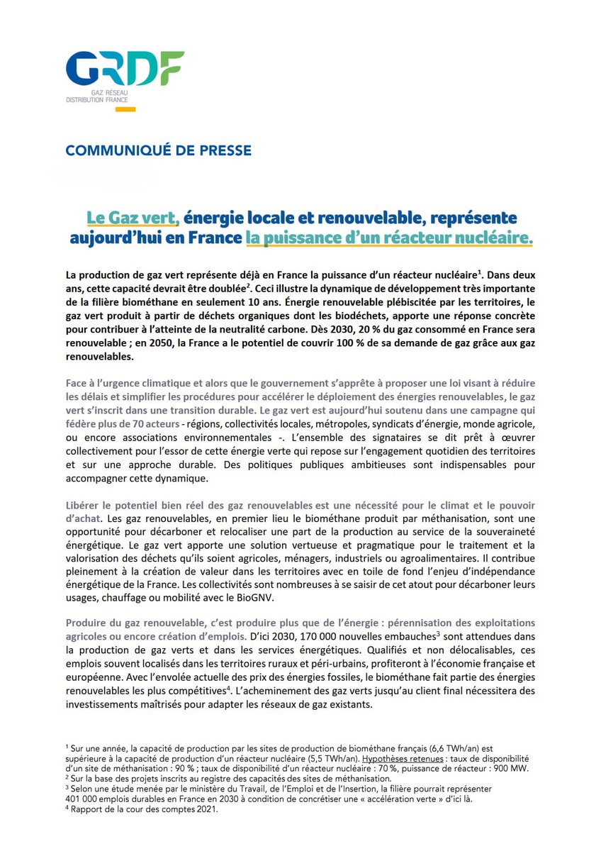 🗞 #CP #Presse
Le #GazVert représente aujourd’hui en France 🇫🇷 la puissance d’un réacteur nucléaire, et face à l’urgence climatique, il apporte une réponse concrète pour contribuer à l’atteinte de la #NeutralitéCarbone.
➡️ bit.ly/3nbLNBf
#Biométhane #Agriculture #Energie