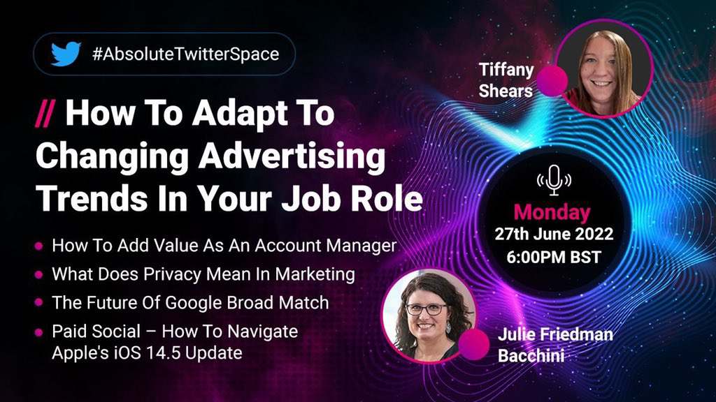 AbsoluteDMedia's tweet photo. 🚨 TODAY! 🚨
It’s not too late to sign up to attend our next #AbsoluteTwitterSpace with PPC and Social Media experts @NeptuneMoon and @Tiffany Shears 🤩
Get email updates 👉 https://t.co/NB6y0iqaua
Receive Twitter notifications 👉 https://t.co/9hgFbfSRpI
See you there! https://t.co/Di8ZW91dvx