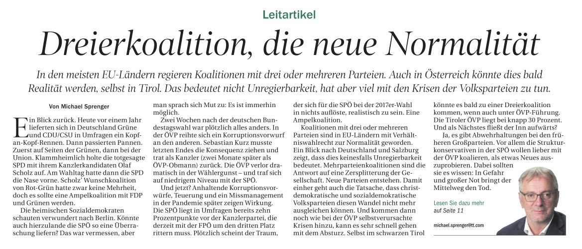 Günther Platter lies den Slogan „keine Italienischen Verhältnisse“ plakatieren. Leider verwechselte er &amp; seine <a href="/VPTirol/">Tiroler Volkspartei</a> Stabilität mit #Stillstand. Jetzt braucht es einen #Neustart #inTirol <a href="/bundysprenger/">Michael Sprenger</a> <a href="/TTNachrichten/">Tiroler Tageszeitung</a> :