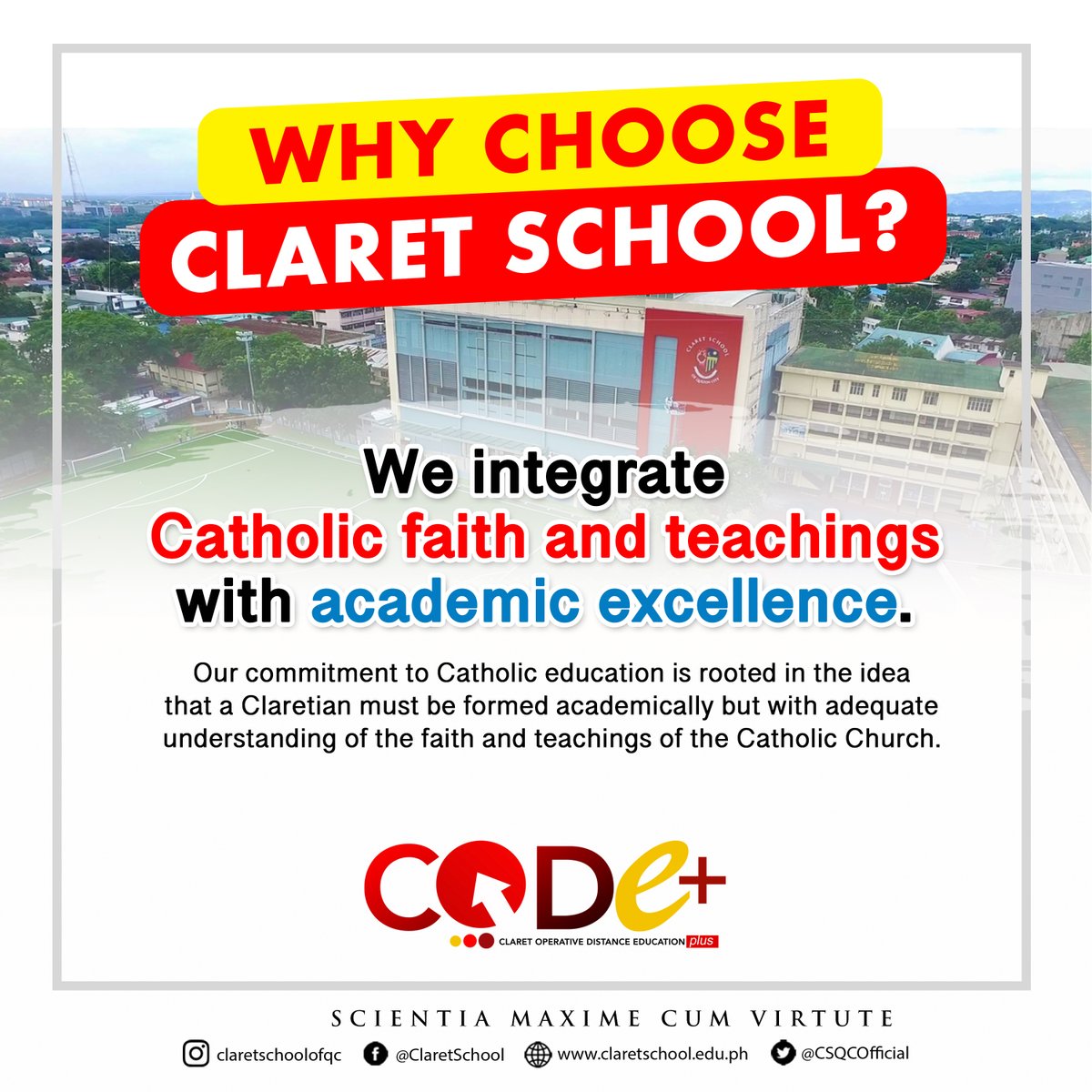 CSQCOfficial's tweet photo. We integrate Catholic faith and teachings with academic excellence. Our commitment to Catholic education is rooted in the idea that a Claretian must be formed academically but with adequate understanding of the faith and teachings of the Catholic Church. #ChooseClaret https://t.co/WbX8TPHKPP