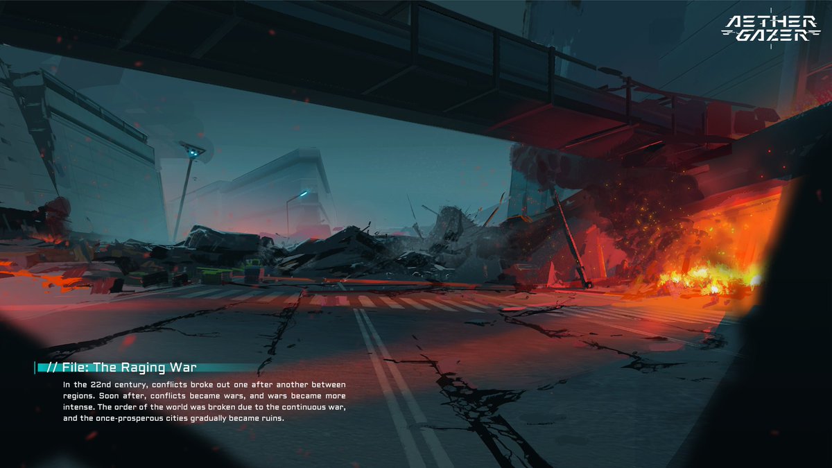 AetherGazerEN's tweet photo. [File: The Raging War] 

In the 22nd century, conflicts broke out one after another between regions. Soon after, conflicts became wars, and wars became more intense. 

#AetherGazer #OldWorldFiles https://t.co/Gr6AXjobSa