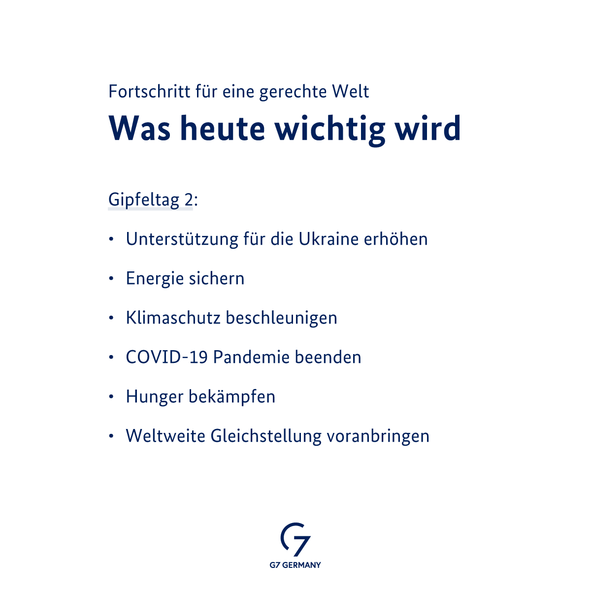 G7's tweet photo. Guten Morgen an Tag 2 des G7-Gipfels in Elmau. Darum geht es heute 👇
---
Good morning to Day 2 of the G7 Summit in Elmau. This is what it is all about today 👇 https://t.co/kNnOzaXItc