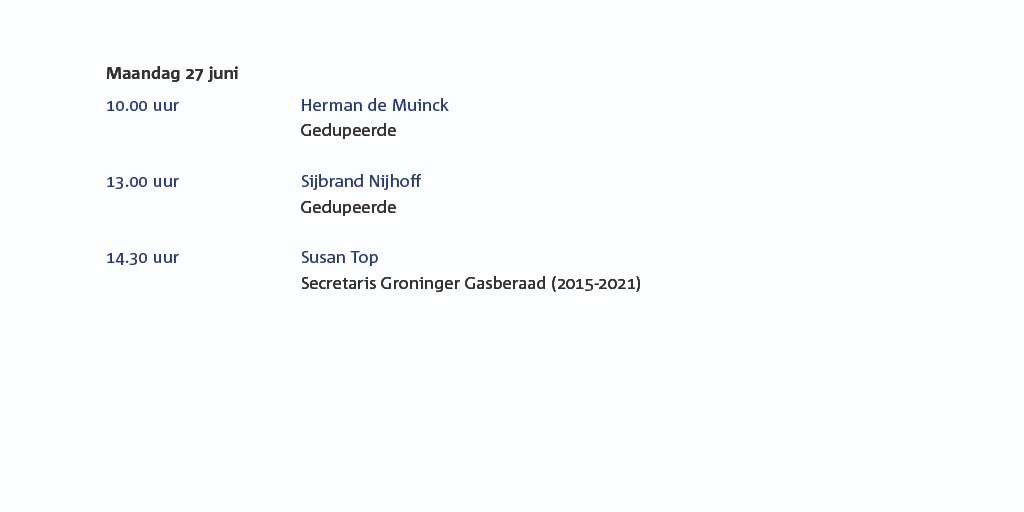 De parlementaire enquêtecommissie aardgaswinning Groningen spreekt vandaag met Herman de Muinck (10u), Sijbrand Nijhoff (13u) en Susan Top (14.30u). Lees meer en volg de openbare verhoren live via: tweedekamer.nl/Groningen #aardgasGroningenTK