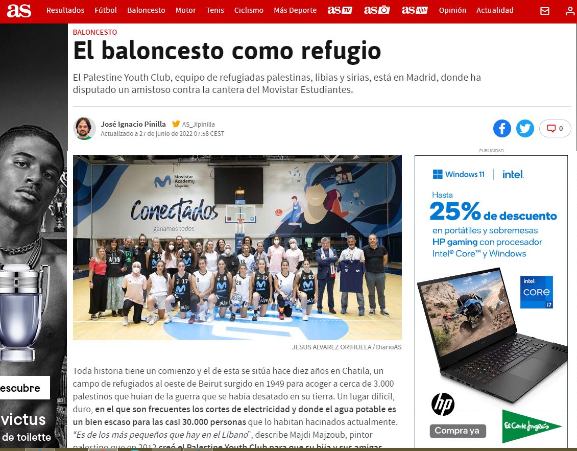 📰 KIOSKO
<a href="/diarioas/">Diario AS</a> se hace eco de la participación de <a href="/movistar_es/">Movistar España</a> Estudiantes y la <a href="/FundacionEstu/">Fundacion Estudiantes</a> en la visita a Madrid del equipo de refugiadas The Palestine Youth Club organizada por #BasketBeatsBorders . Todo un orgullo. 
as.com/baloncesto/acb…
