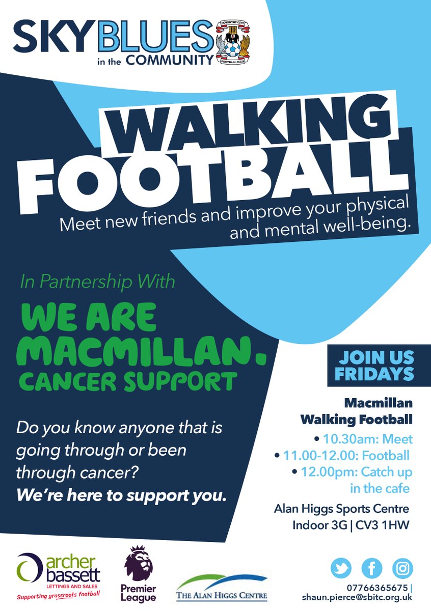 Every Friday @SBitC_CCFC and @MacmillanWMids host Walking Football sessions for people with cancer at @cvlifenews's Alan Higgs Centre. Players meet at 10.30am at the centre's indoor 3G pitch