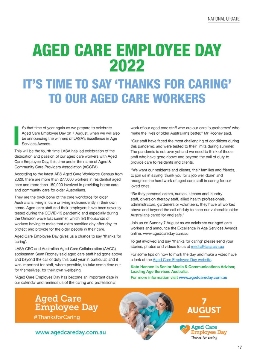 Aged Care Employee Day is an opportunity to say #thanksforcaring to the dedicated #agedcare workers who look after our vulnerable older Australians. We encourage aged care providers and the wider community to get involved. Find out more: agedcareday.com.au #FusionMagazine