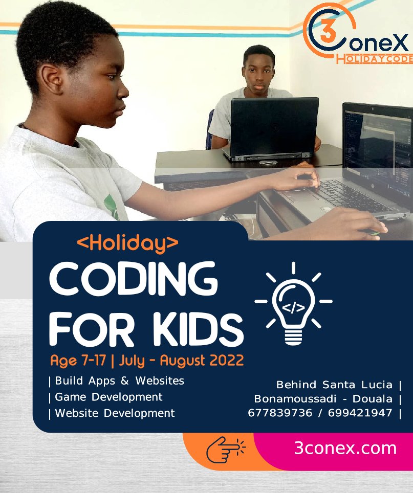OpenHubDigital's tweet photo. Develop your kids' team-building and communication skills by enrolling them in 3ConeX #HolidayCode.
July 4, 2022 - August 5, 2022
Age: 7 - 17
Location: 3ConeX WorkSpace, Behind Santa Lucia, #Bonamoussadi - #Douala
NB: Laptops available for each child
#coding4kids https://t.co/QYOwmrR2E7