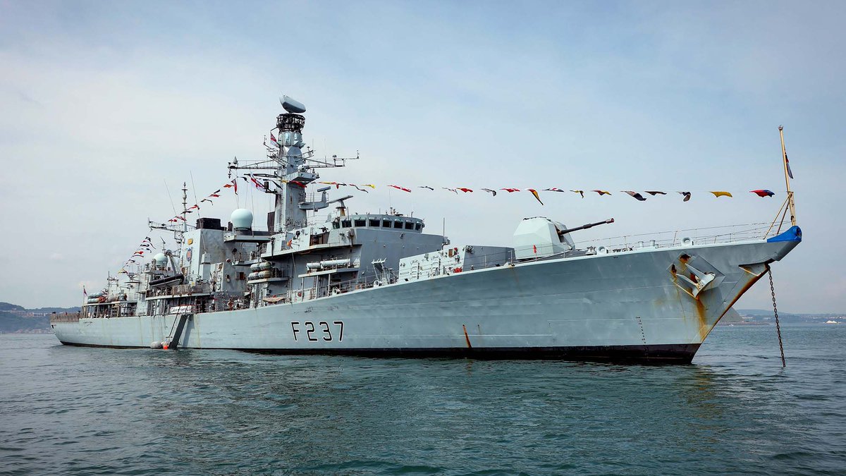 NavyLookout's tweet image. .@HMS_Westminster at anchor off Scarborough this weekend - dressed overall for #ArmedForcesDay2022
