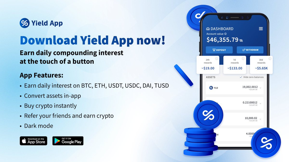 Want to earn daily #interest on your #DigitalAssets? Look no further.  Download our mobile app to make the most of your #crypto holdings. Enjoy  your favorite @YieldApp features on #Android and #iOS