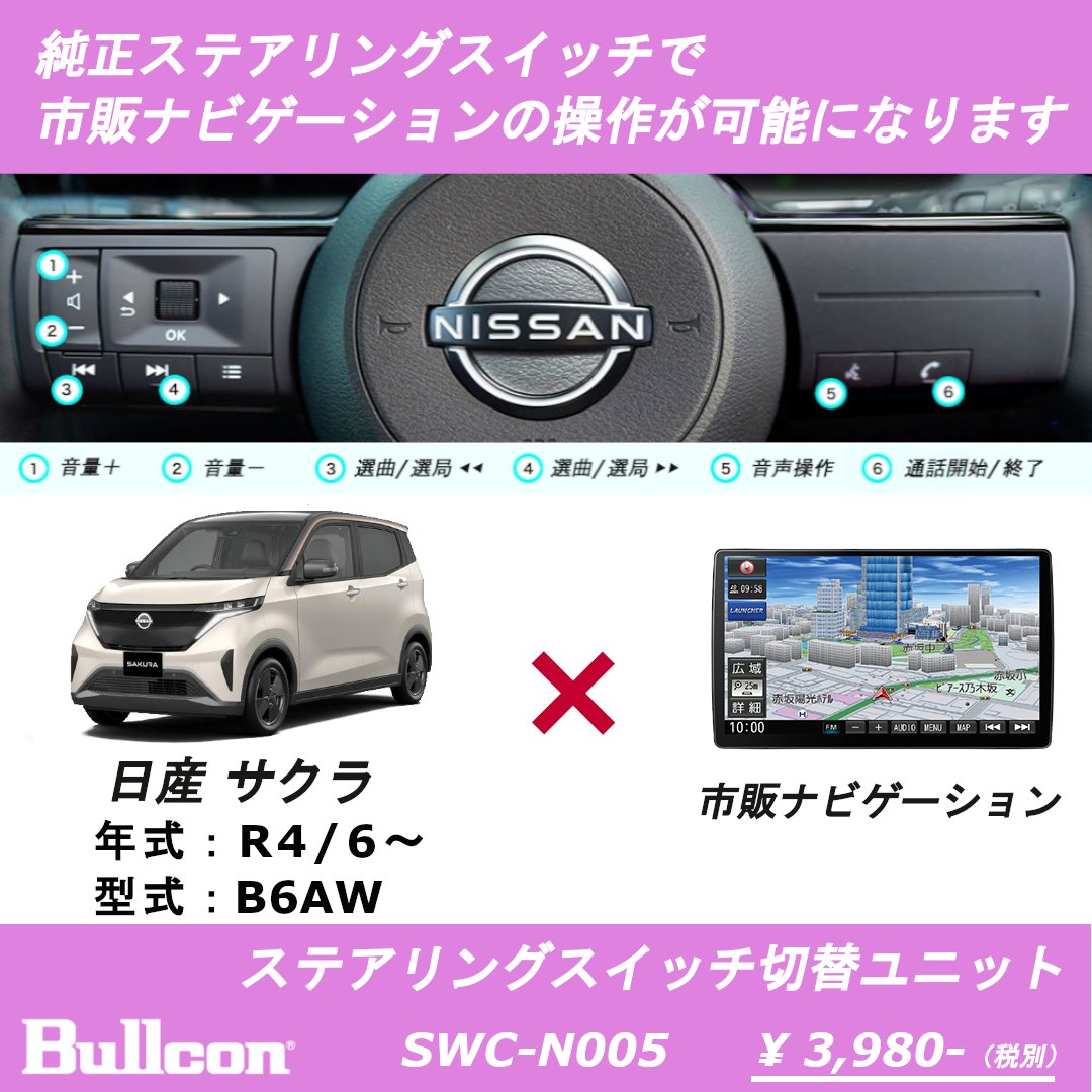 Bullcon_fuji's tweet photo. 【日産 サクラ 新適合】
ステアリングスイッチ切替ユニット
品番:SWC-N005
純正 #ステアリングスイッチ で
市販 #ナビゲーション の操作を可能にします
ホームページでご確認ください
https://t.co/SGhLw1TseQ
#日産 #サクラ #新型サクラ #b6aw #市販ナビ #bullcon #ブルコン #フジ電機 https://t.co/HJN4IkA9lq