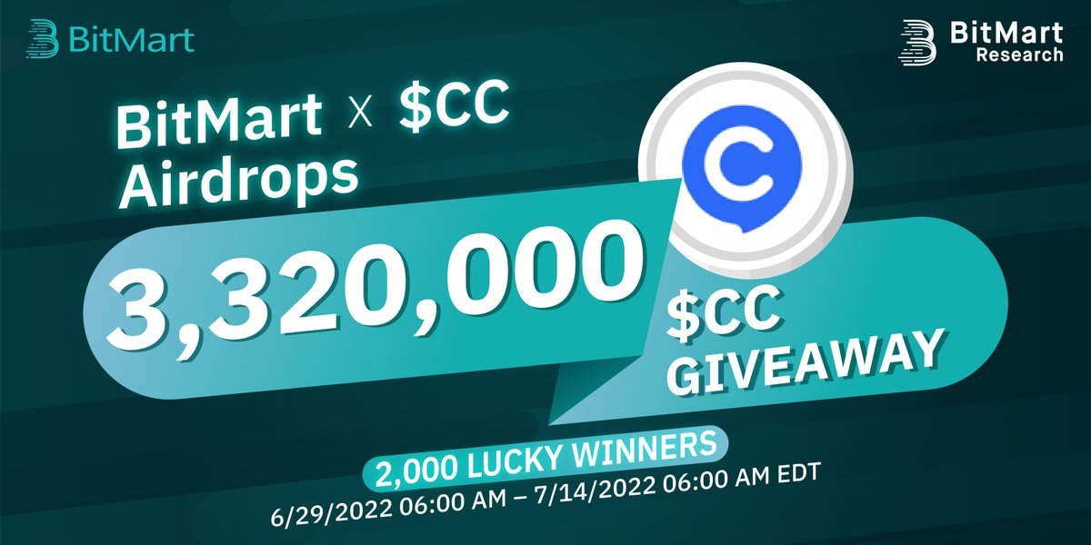 BitMart Research|$BMX HODLer (@bitmartresearch) on Twitter photo 🌟BitMart X $CC Listing Airdrop!
1⃣Follow <a href="/BitMartResearch/">BitMart Research|$BMX HODLer</a> & @cctokenOfficial
2⃣Join t.me/BitMartExchang… & t.me/cctoken_offici…
3⃣RT & Tag 3 friends
4⃣Fill out:bit.ly/3biT13t
🥳 3,320,000 $CC /2,000 winners
📅6/29/2022 06:00 AM – 7/14/2022 06:00 AM EDT 🌟BitMart X $CC Listing Airdrop!
1⃣Follow <a href="/BitMartResearch/">BitMart Research|$BMX HODLer</a> & @cctokenOfficial
2⃣Join t.me/BitMartExchang… & t.me/cctoken_offici…
3⃣RT & Tag 3 friends
4⃣Fill out:bit.ly/3biT13t
🥳 3,320,000 $CC /2,000 winners
📅6/29/2022 06:00 AM – 7/14/2022 06:00 AM EDT