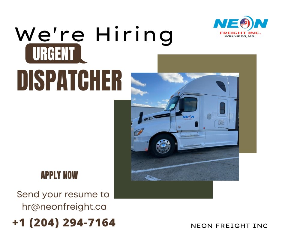 NeonFreightinc's tweet photo. Transportation Services in #Winnipeg #CANADA

We're Hiring #NeonFreight #Inc

#TruckDrivers
#Dispatchers
#Operations

Please share your CV at hr@neonfreight.ca or call us at +1 (204) 294-7164

#TruckingJobs #Canada #CanadaJobs #TruckingJobsCanada #WinnipegTruckers https://t.co/4xQDZCPWi2